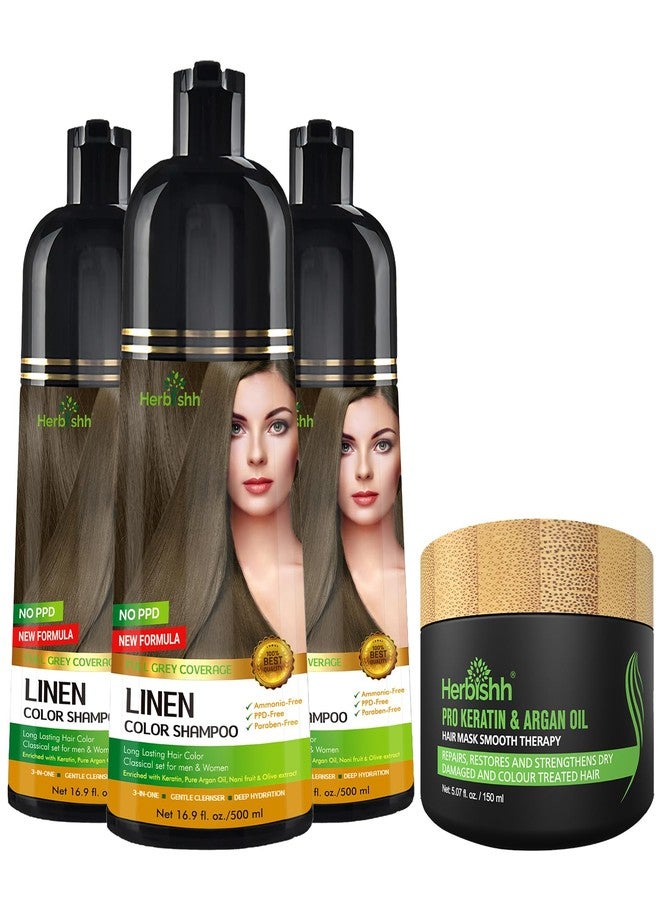 هيربيش شامبو صبغة الشعر هيربيش لينين 3 في 1 (عبوة من 3) 16.9 أونصة سائلة لكل عبوة، وقناع الشعر برو كيراتين بزيت الأرغان 5.07 أونصة سائلة، مجموعة للشعر الجاف والتالف 150 مل - لون شعر رمادي يدوم طويلاً للرجال والنساء - Image 1